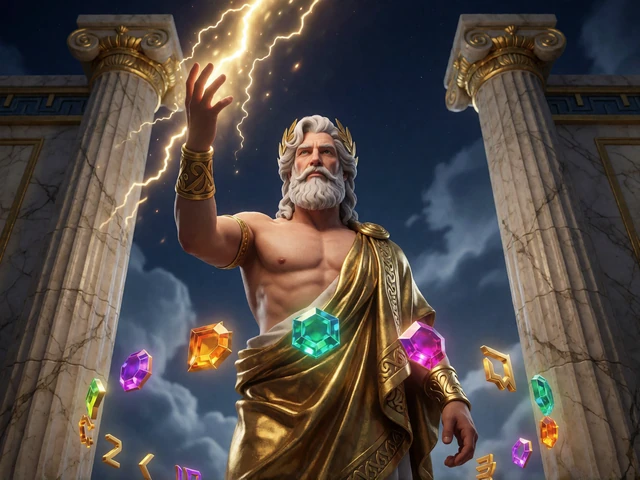 Griechischer Himmelsgott zwischen Tempels&auml;ulen als Erkennungsmotiv f&uuml;r Gates of Olympus