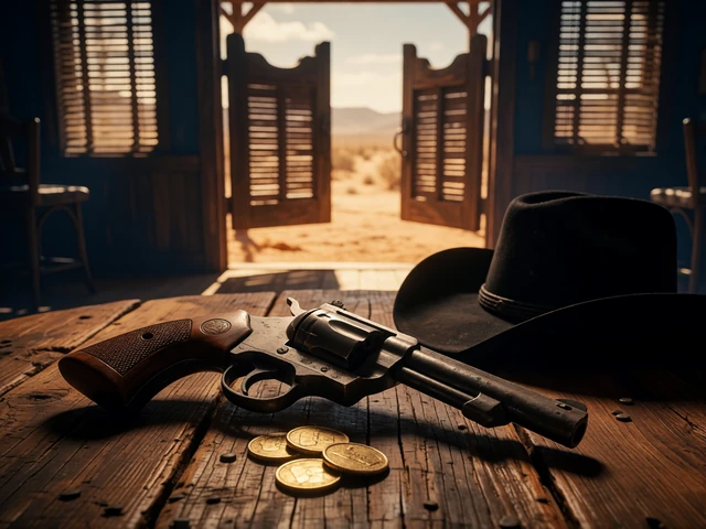 Revolver und Saloonkulisse als redaktionelles Erkennungsmotiv f&uuml;r Wanted Dead or a Wild