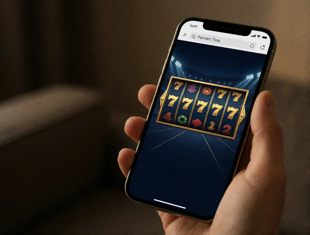 Smartphone mit Slot im mobilen Browser zur Erkl&auml;rung der browserbasierten BetScore Casino-Spiele